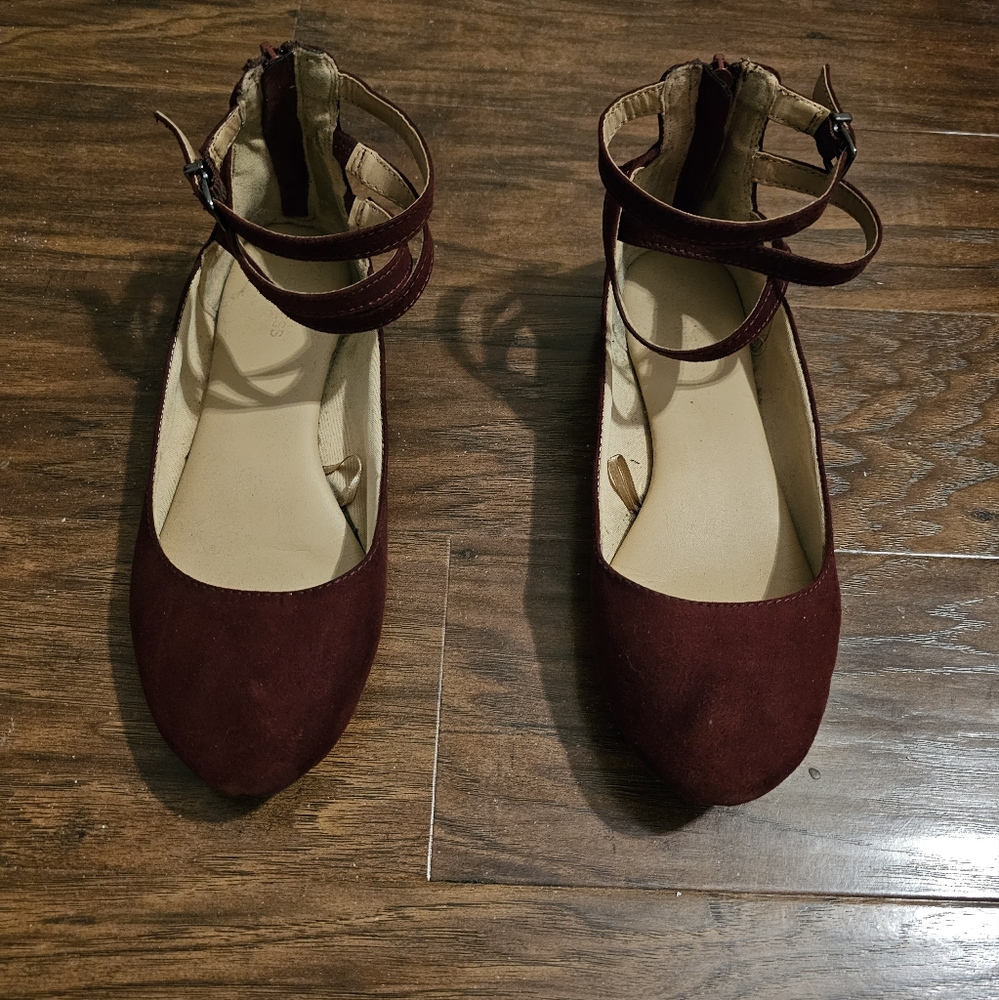 Express Burgundy Ankle Strap Flats